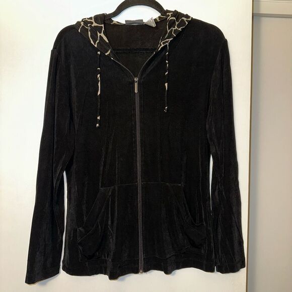 Chicos Travelers Solid Black Full Zip Jacket Giraffe Lining Size 1 (Medium) GUC - Picture 1 of 10